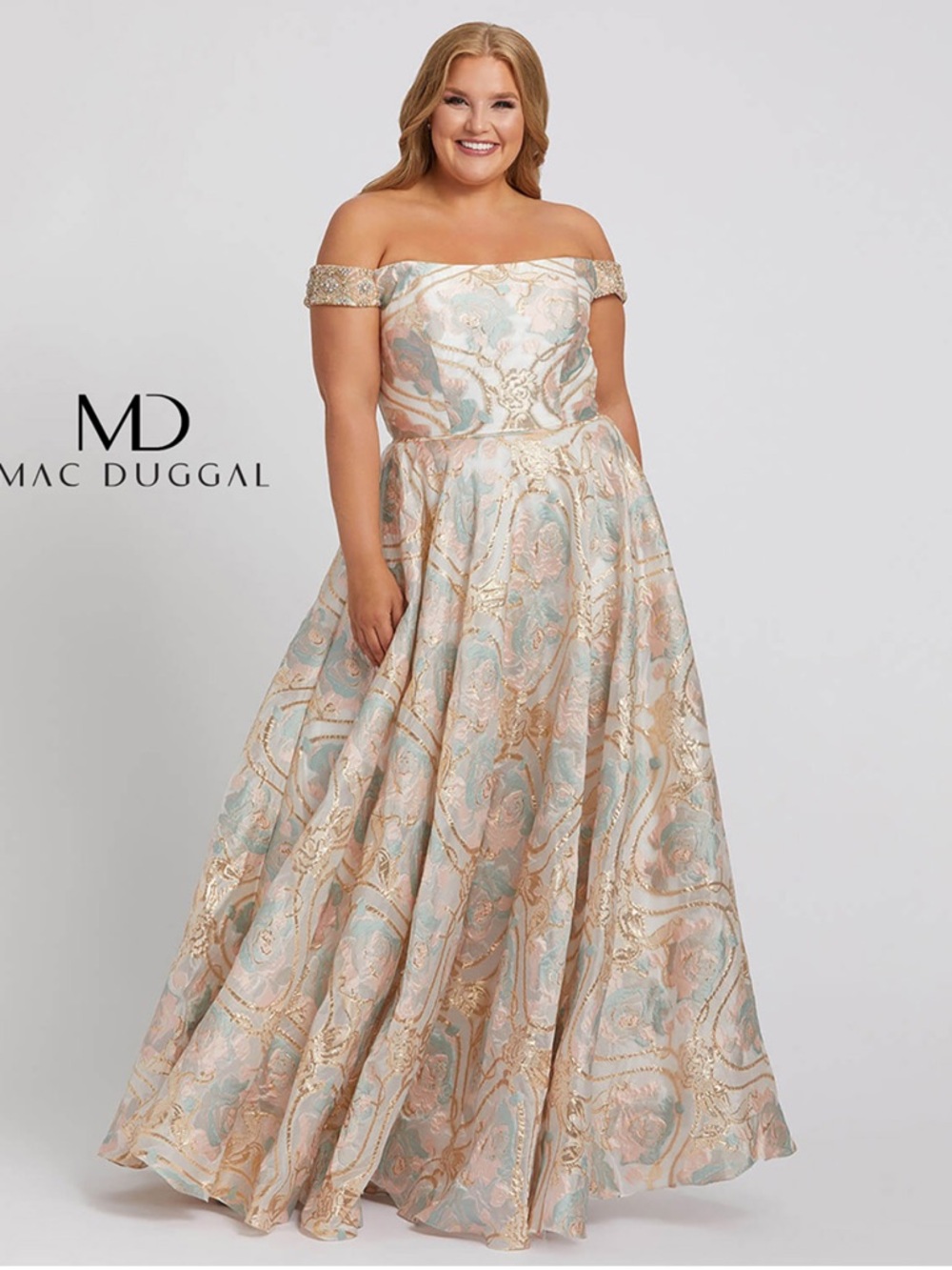 Mac Duggal | PLUS 14W | Off Shoulder Floral Brocade A Line Gown Pastel G1944